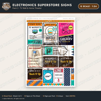 Alpine Railworks 30675G G Scale Electronics Superstore Signs - TV Wall