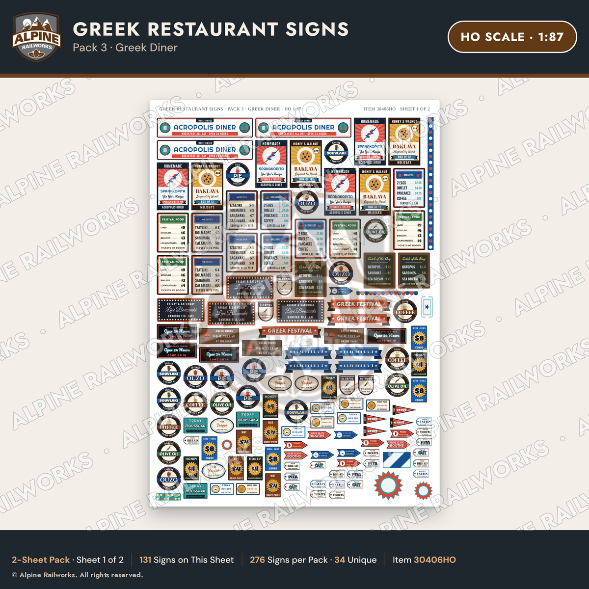 Alpine Railworks 30406HO HO Scale Greek Restaurant Signs - Greek Diner