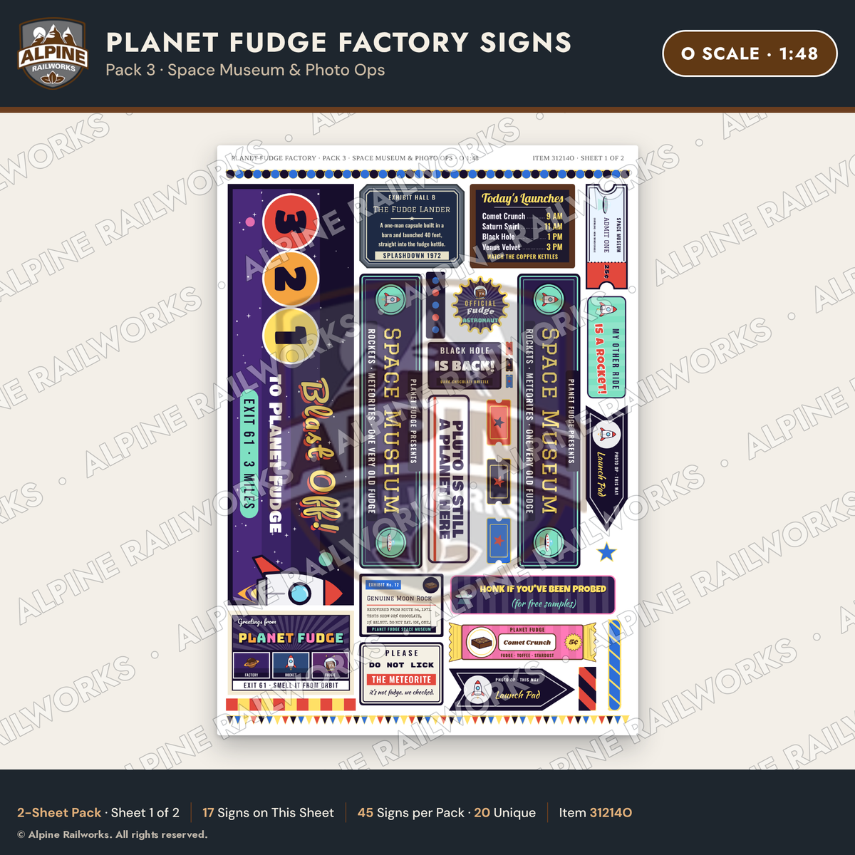 Alpine Railworks 31214O O Scale Fudge Factory Signs - Space Museum
