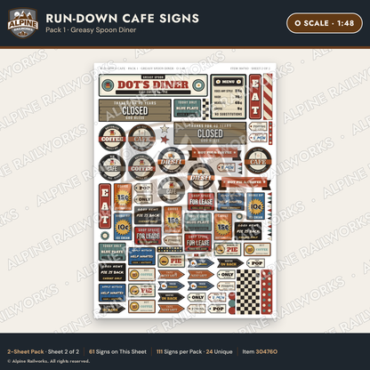Alpine Railworks 30476O O Scale Run-Down Cafe Signs