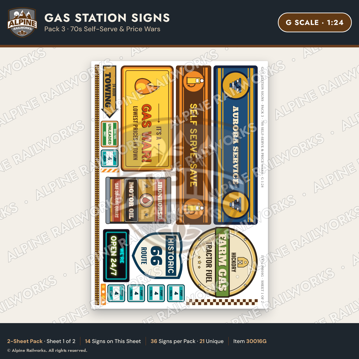 Alpine Railworks 30016G G Scale Gas Station Signs - 70s Self-Serve
