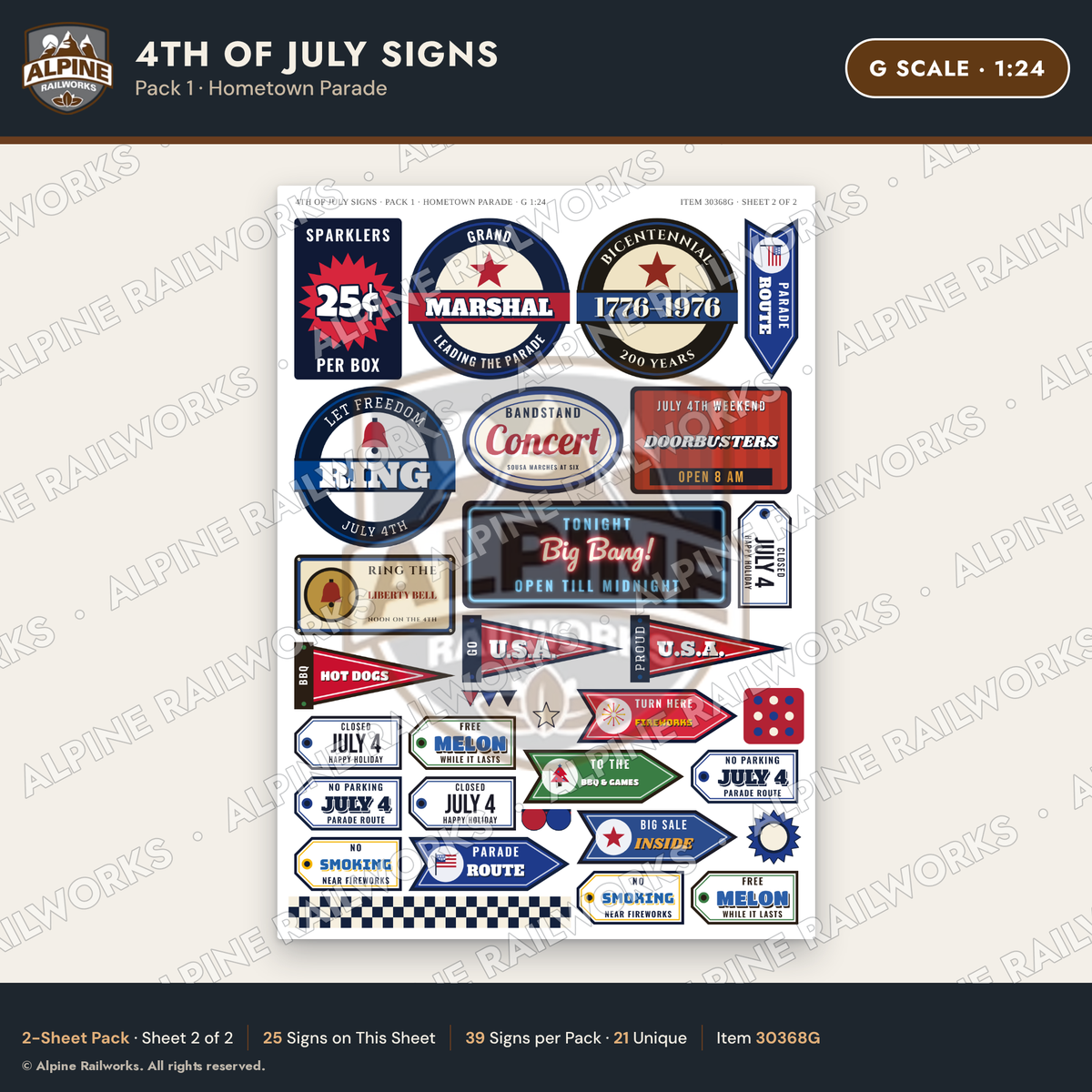 Alpine Railworks 30368G G Scale 4th of July Signs - Hometown Parade