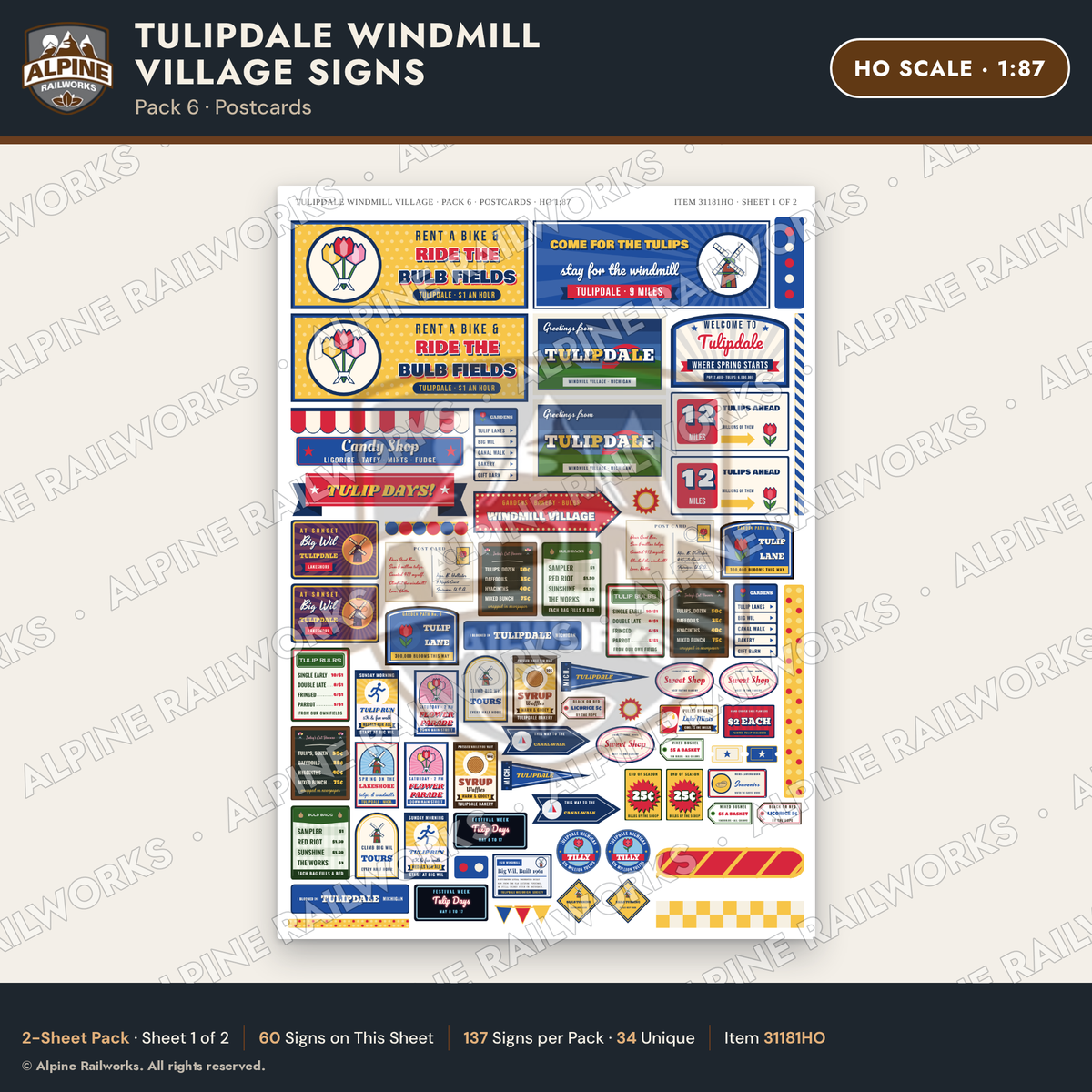 Alpine Railworks 31181HO HO Scale Roadside Signs - Windmill Village
