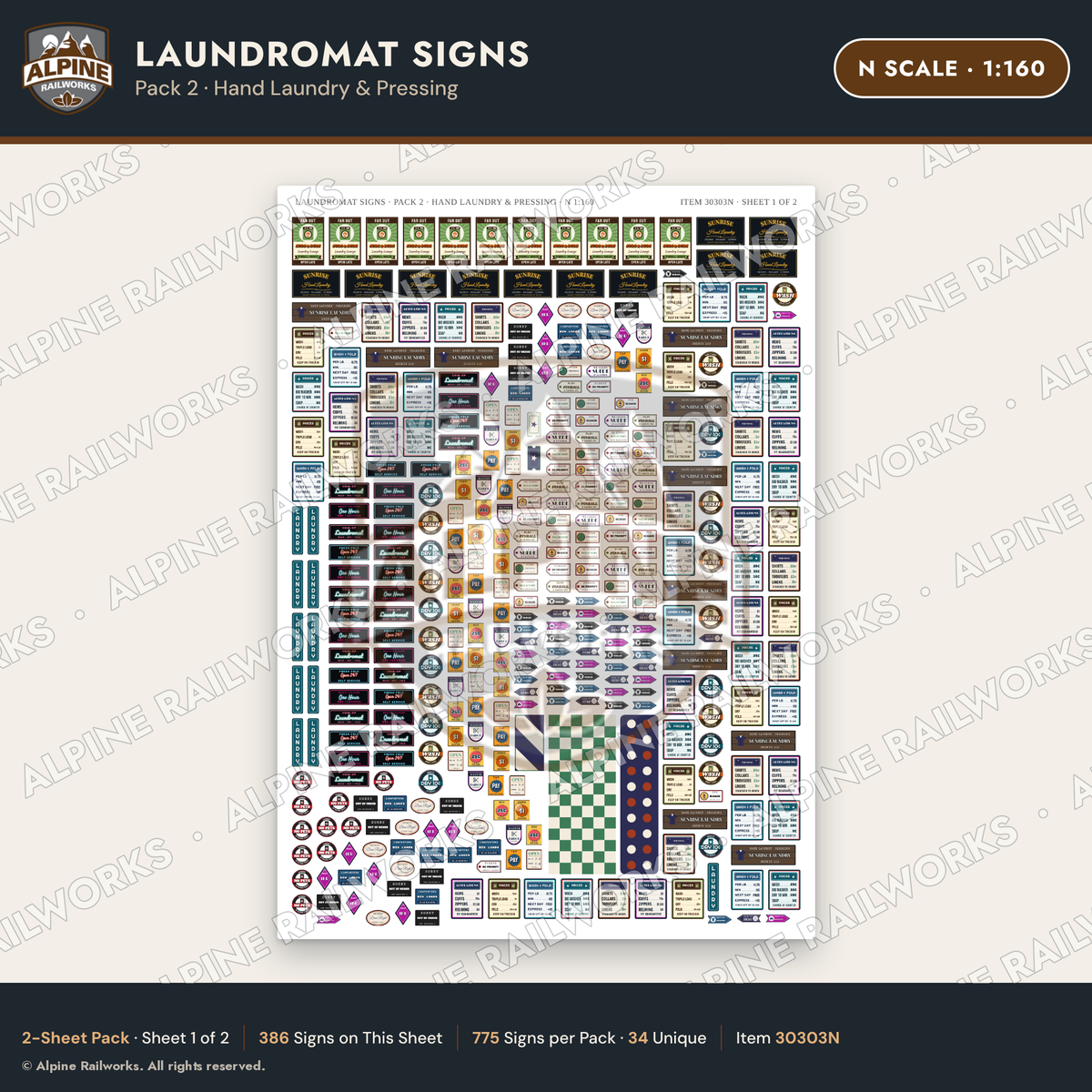 Alpine Railworks 30303N N Scale Laundromat Signs - Hand Laundry