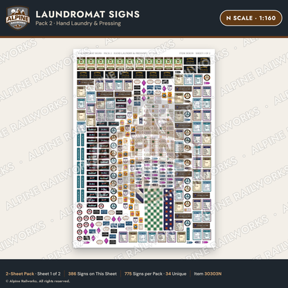 Alpine Railworks 30303N N Scale Laundromat Signs - Hand Laundry