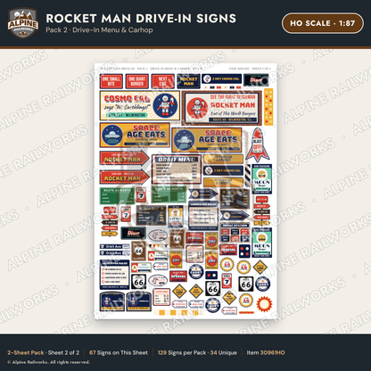 Alpine Railworks 30961HO HO Scale Roadside Signs - Spaceman Drive-In