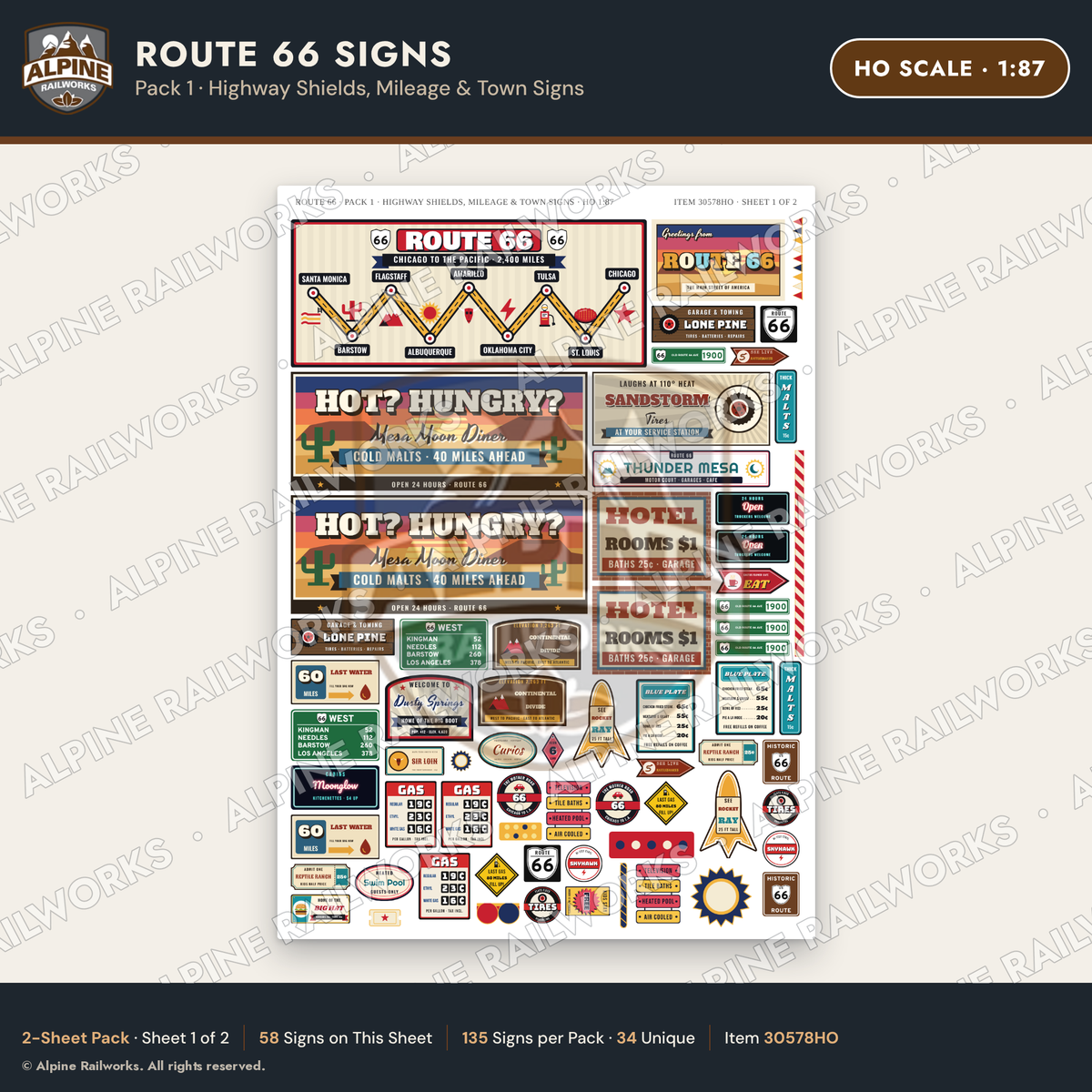 Alpine Railworks 30578HO HO Scale Route 66 Highway Signs
