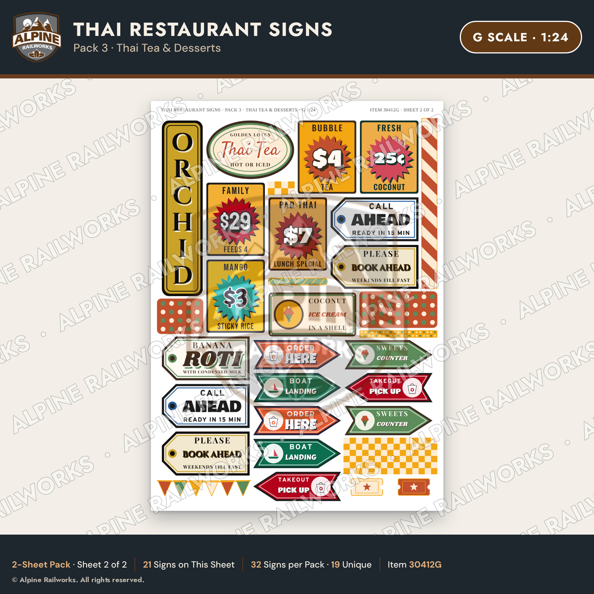 Alpine Railworks 30412G G Scale Thai Restaurant Signs - Thai Tea