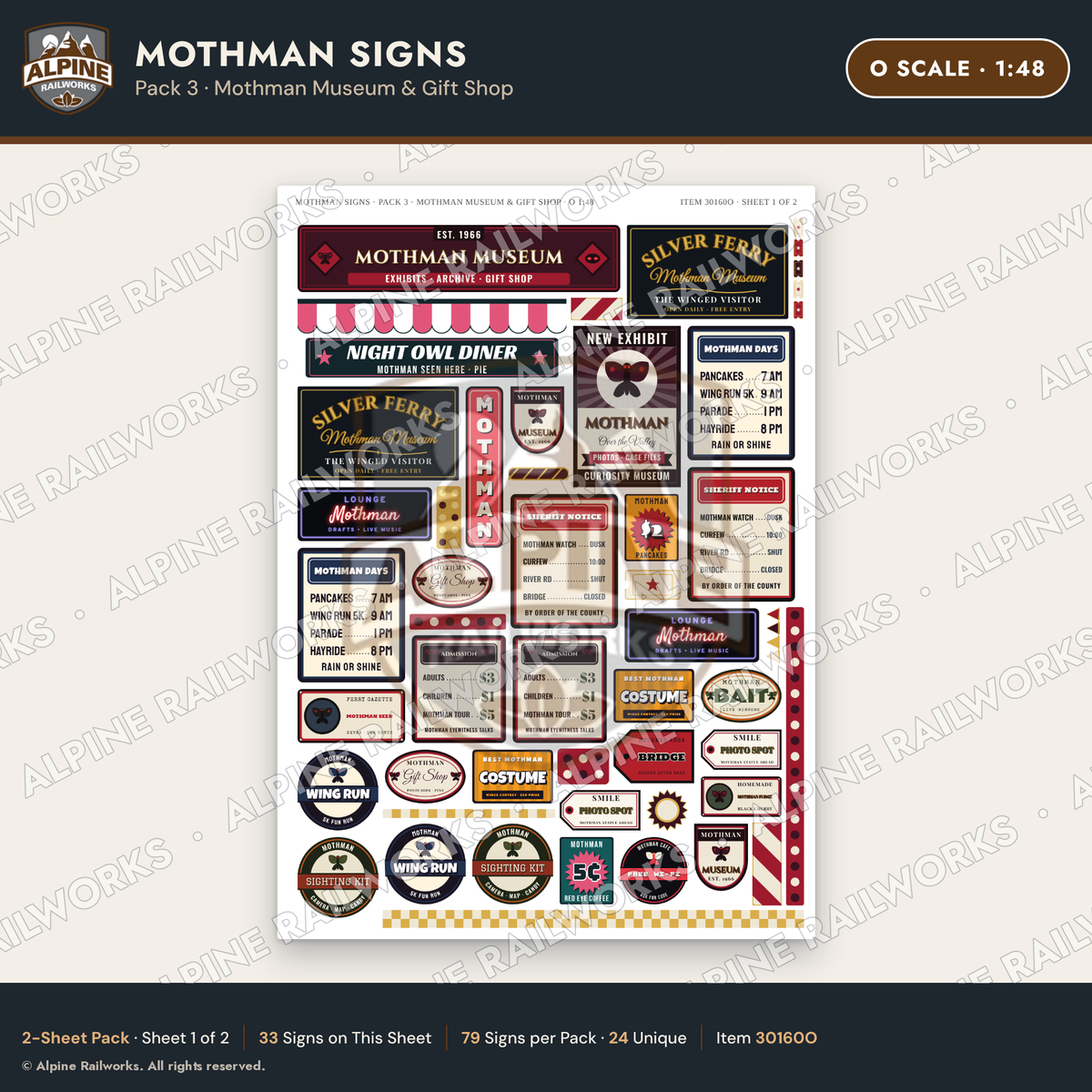 Alpine Railworks 30160O O Scale Mothman Signs - Mothman Museum