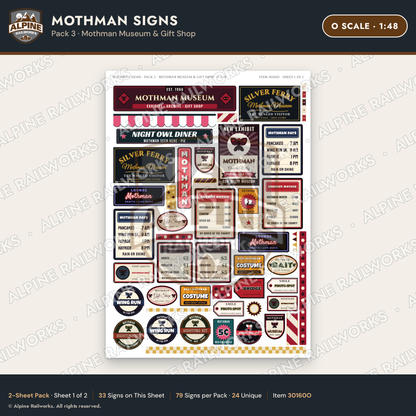 Alpine Railworks 30160O O Scale Mothman Signs - Mothman Museum