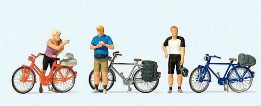 Preiser 10644 HO Scale Standing Cyclists in Sportswear w/Bikes -- Set #2 pkg(3)