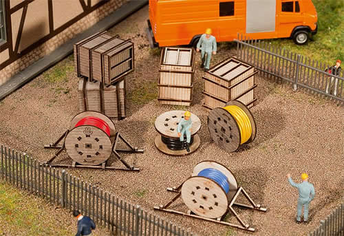 Faller 180617 HO Scale Wood Crates & Cable Reels - Kit (Laser-Cut Wood)
