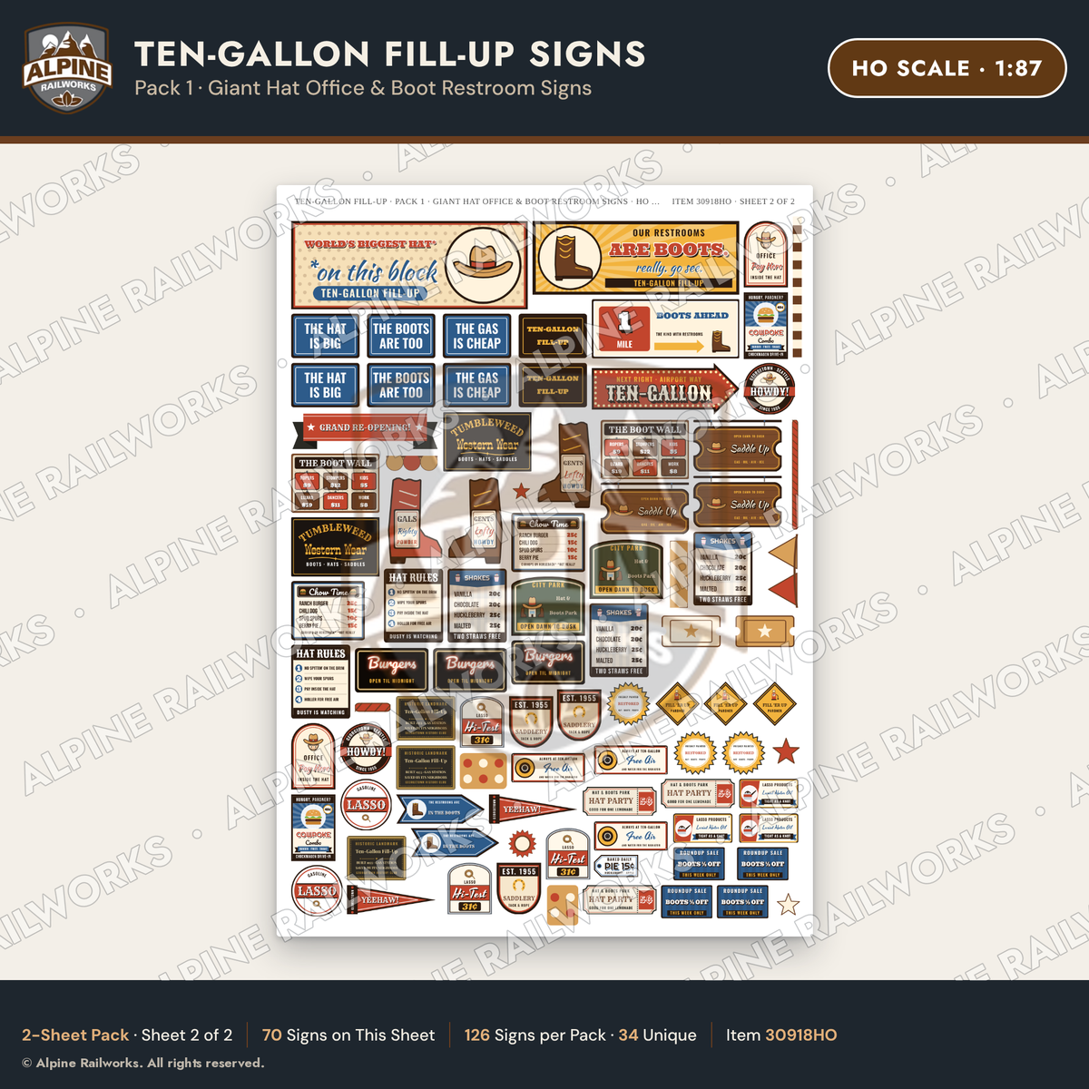 Alpine Railworks 30918HO HO Scale Roadside Signs - Cowboy Hat