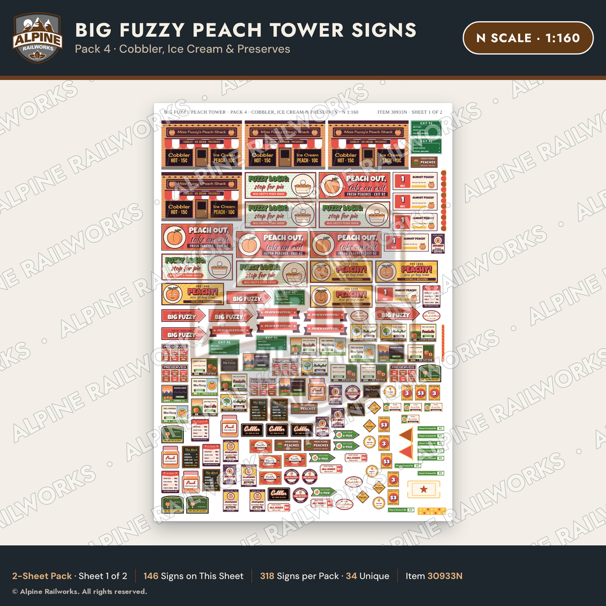 Alpine Railworks 30933N N Scale Roadside Signs - Peach Water Tower