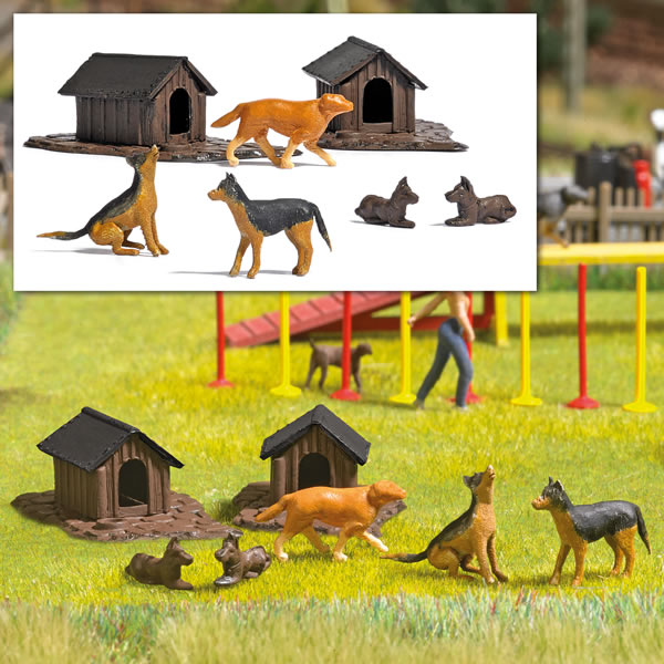 Busch 1197 HO Scale 5 Dogs and 2 Doghouses