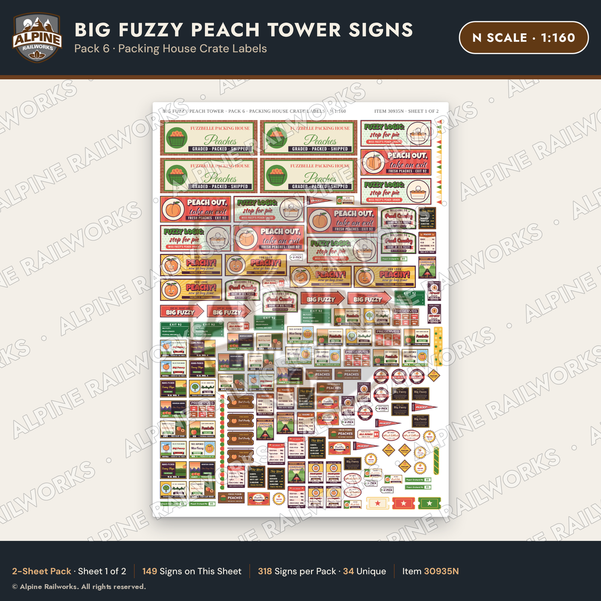 Alpine Railworks 30935N N Scale Roadside Signs - Peach Water Tower