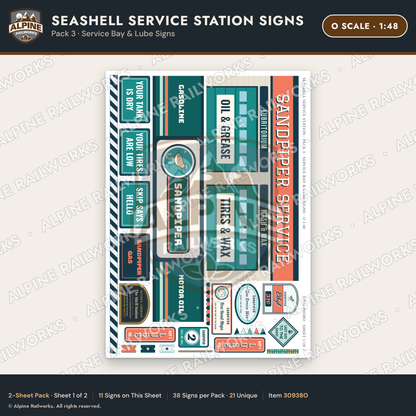 Alpine Railworks 30938O O Scale Roadside Signs - Seashell Gas Station