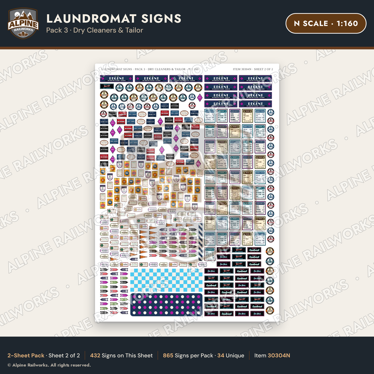 Alpine Railworks 30304N N Scale Laundromat Signs - Dry Cleaners
