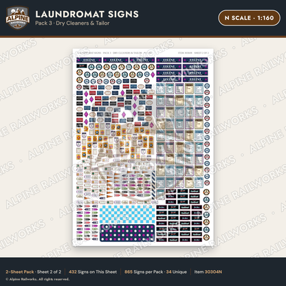 Alpine Railworks 30304N N Scale Laundromat Signs - Dry Cleaners