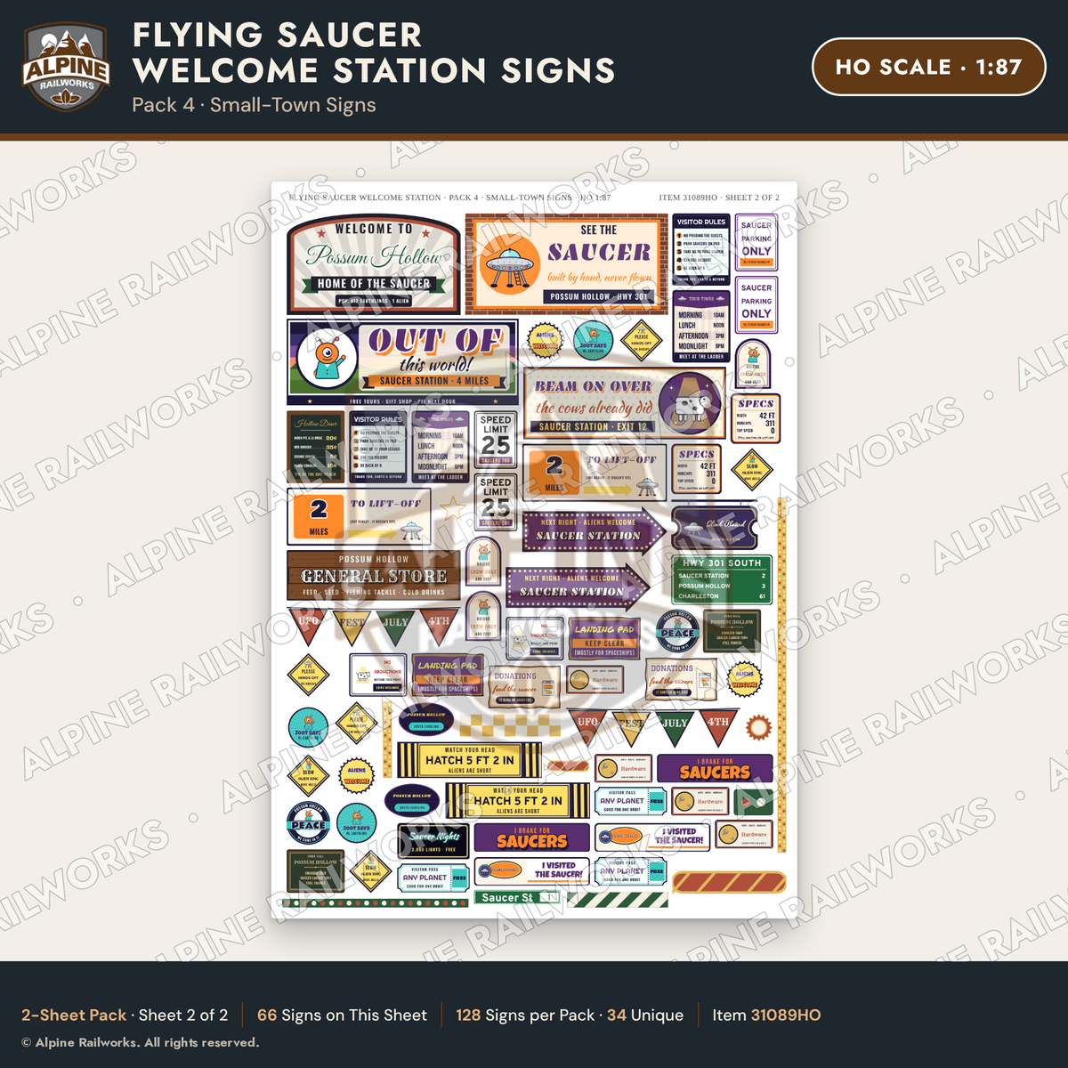 Alpine Railworks 31089HO HO Scale Roadside Signs - UFO Welcome Center