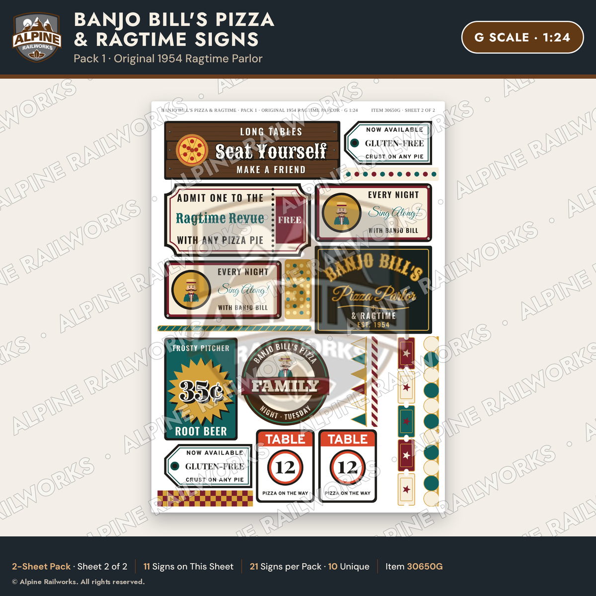 Alpine Railworks 30650G G Scale Restaurant Signs - Pizza & Music Hall