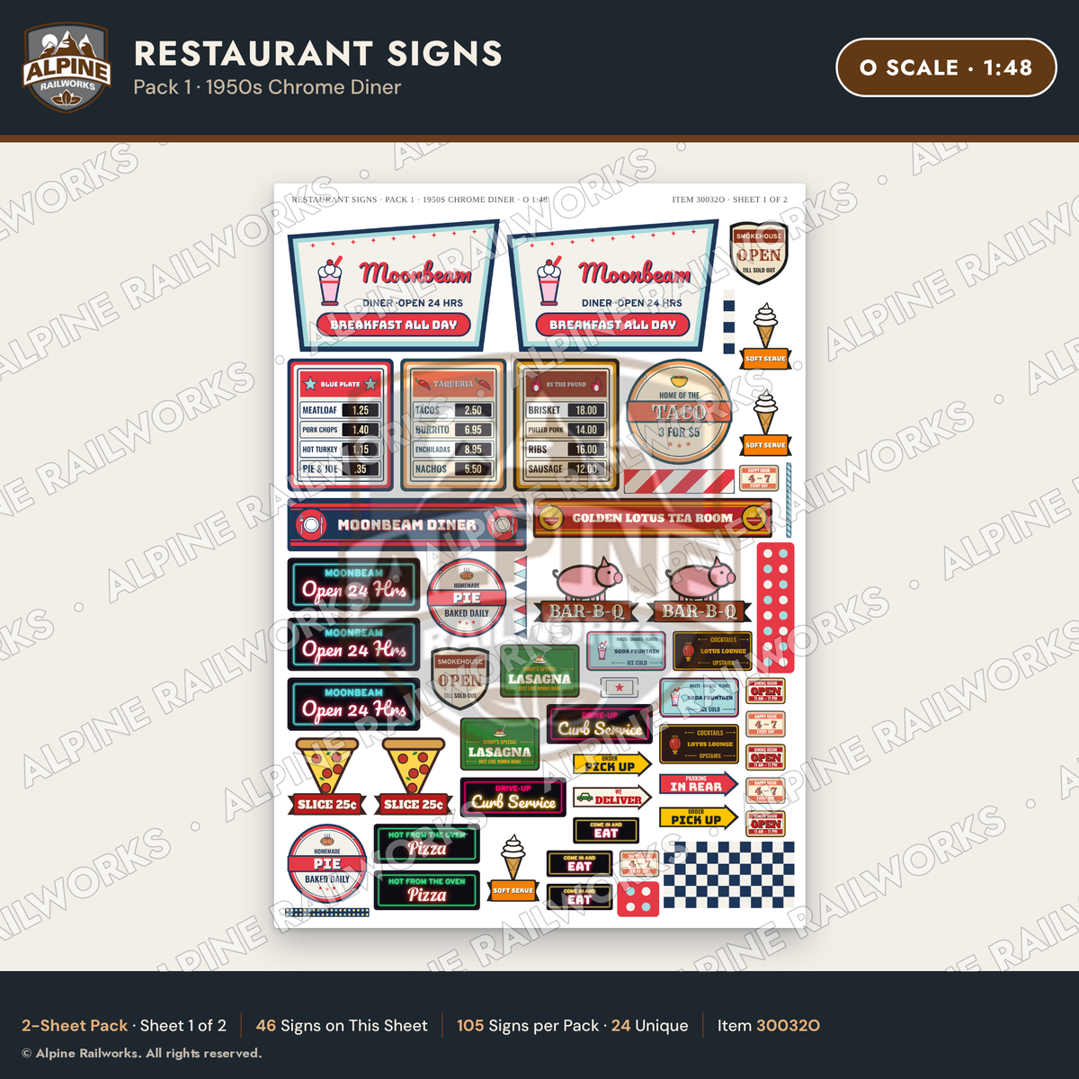 Alpine Railworks 30032O O Scale Restaurant Signs - 1950s Chrome Diner