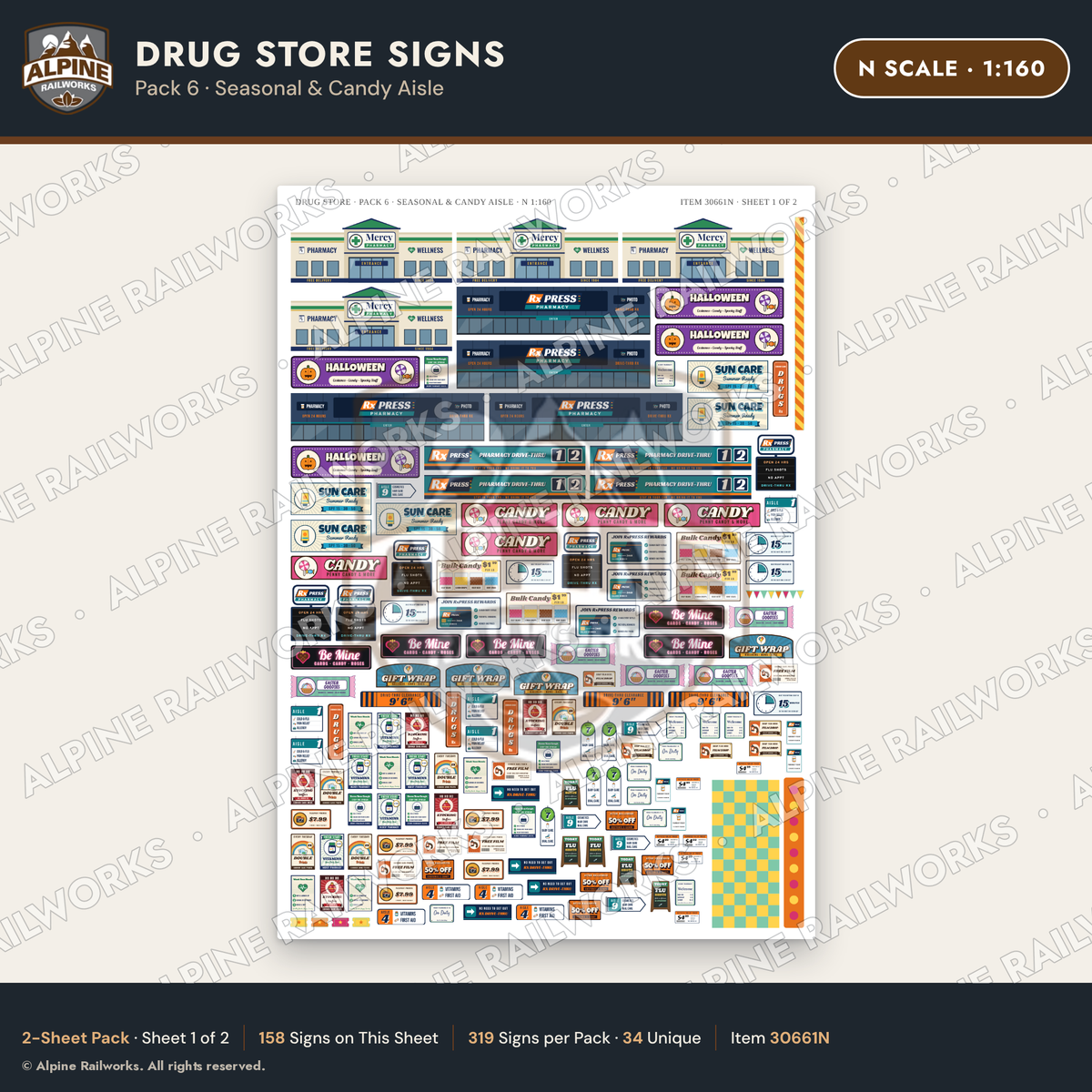 Alpine Railworks 30661N N Scale Drug Store Signs - Seasonal