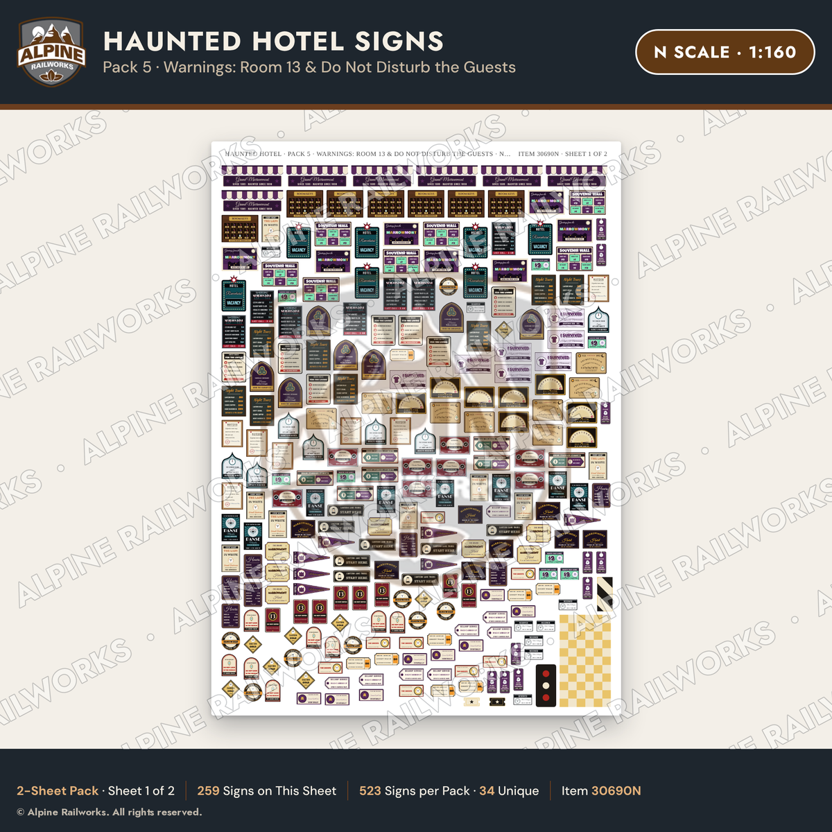 Alpine Railworks 30690N N Scale Haunted Hotel Signs - Room 13