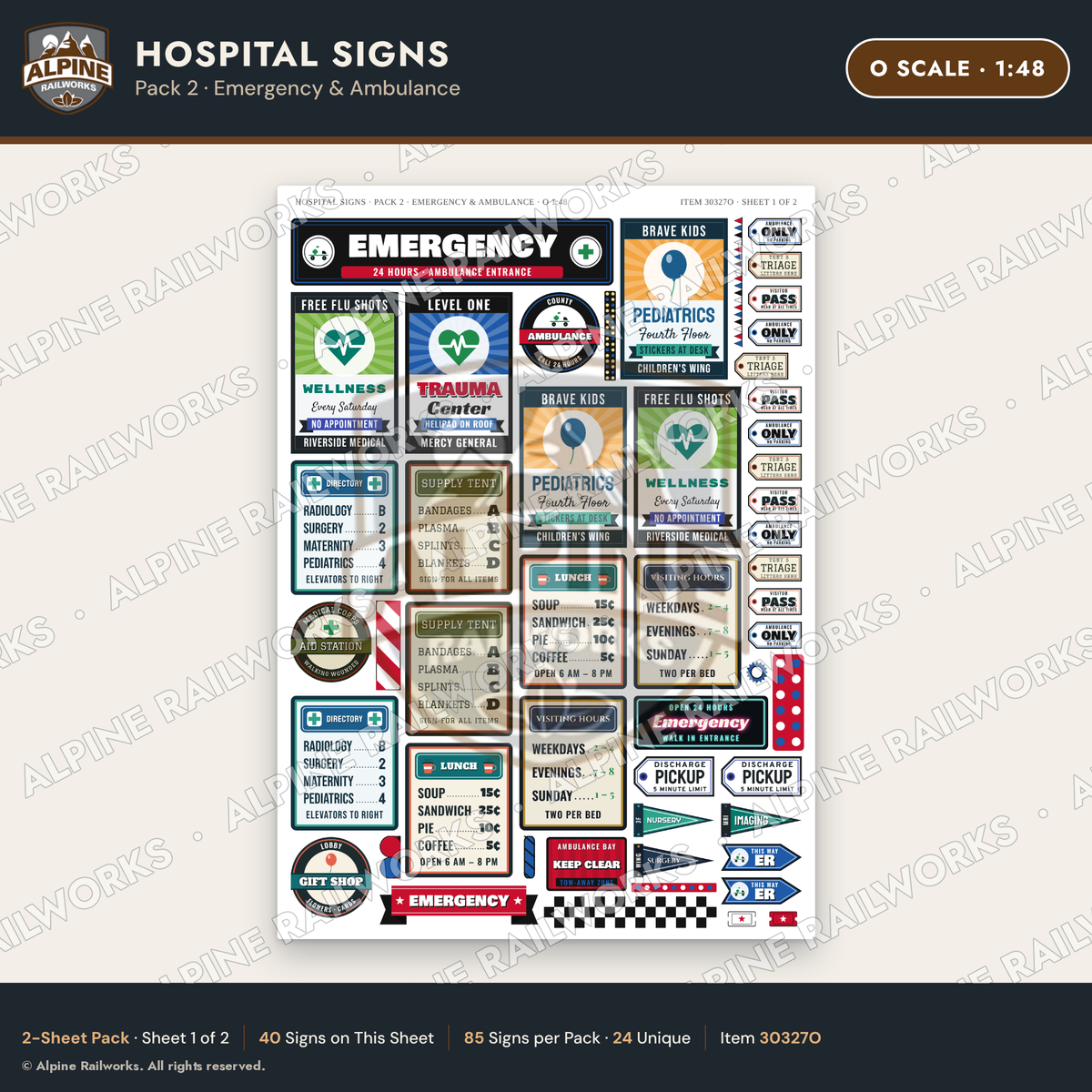 Alpine Railworks 30327O O Scale Hospital Signs - Emergency & Ambulance