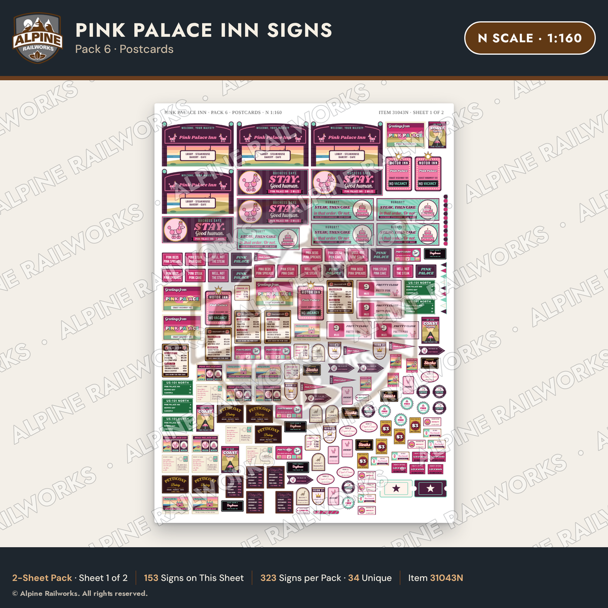 Alpine Railworks 31043N N Scale Roadside Signs - Pink Themed Motel