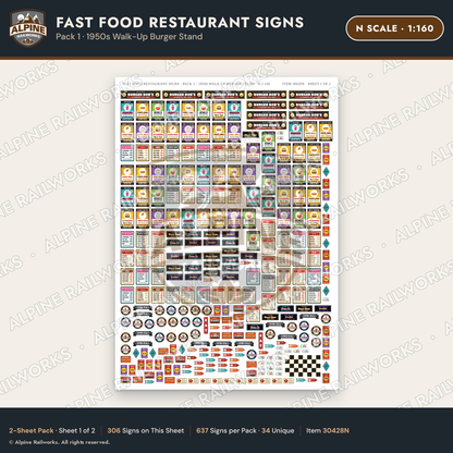 Alpine Railworks 30428N N Scale Fast Food Restaurant Signs