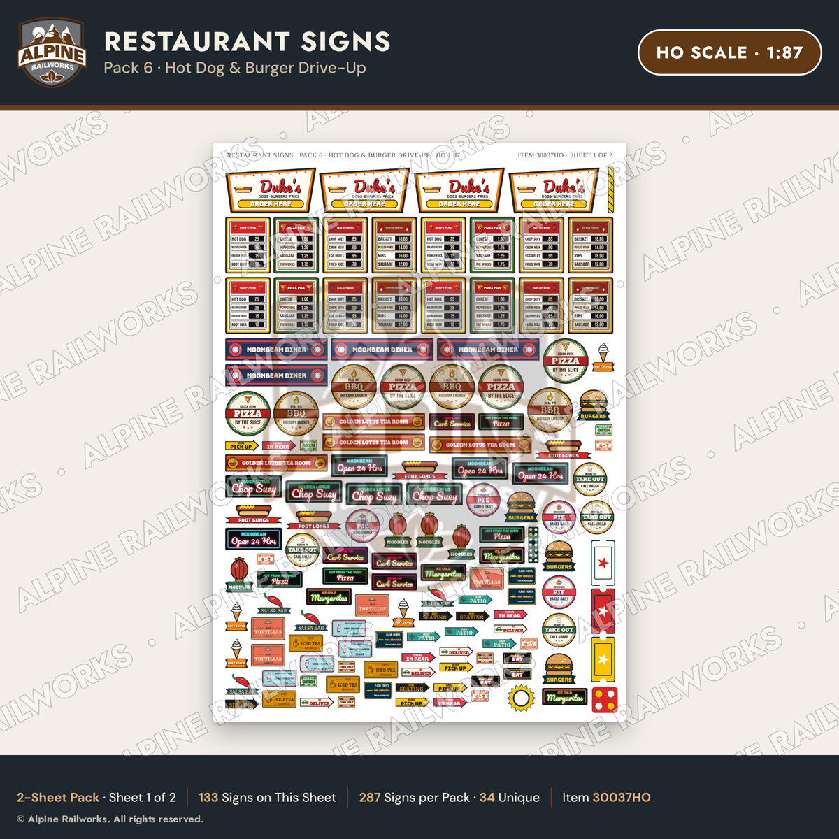 Alpine Railworks 30037HO HO Scale Restaurant Signs - Hot Dog