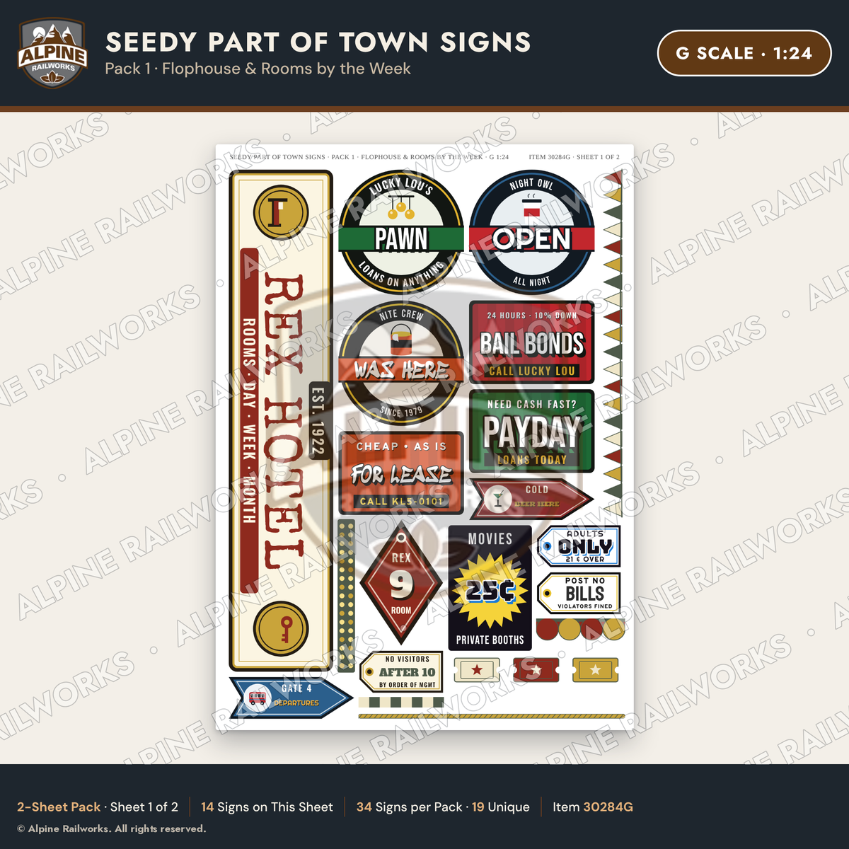 Alpine Railworks 30284G G Scale Seedy Part of Town Signs - Flophouse
