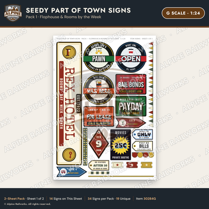 Alpine Railworks 30284G G Scale Seedy Part of Town Signs - Flophouse