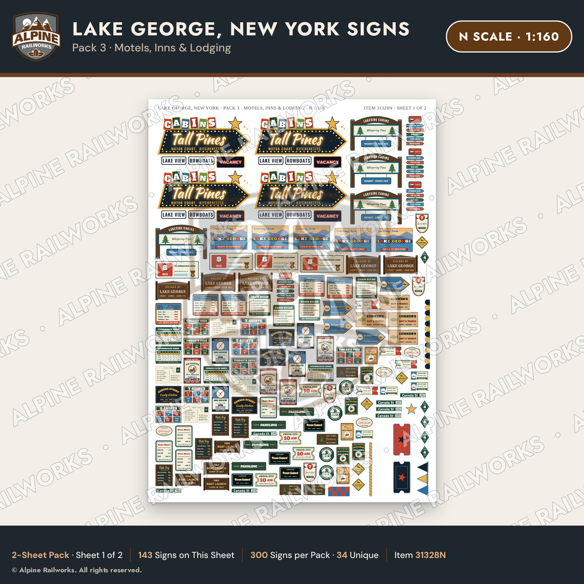 Alpine Railworks 31328N N Scale Lake George NY Signs - Motels & Inns