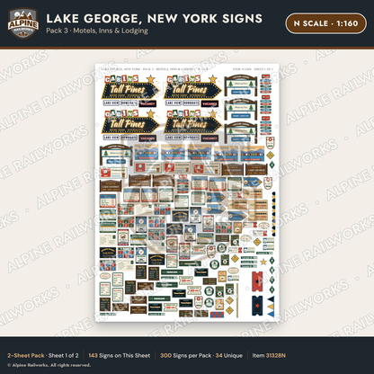 Alpine Railworks 31328N N Scale Lake George NY Signs - Motels & Inns