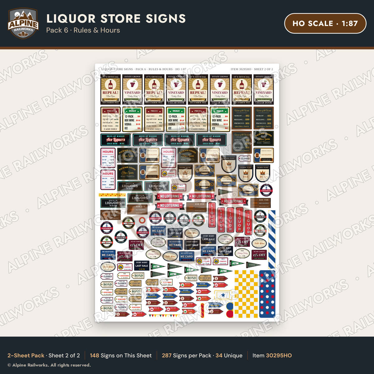 Alpine Railworks 30295HO HO Scale Liquor Store Signs - Rules & Hours