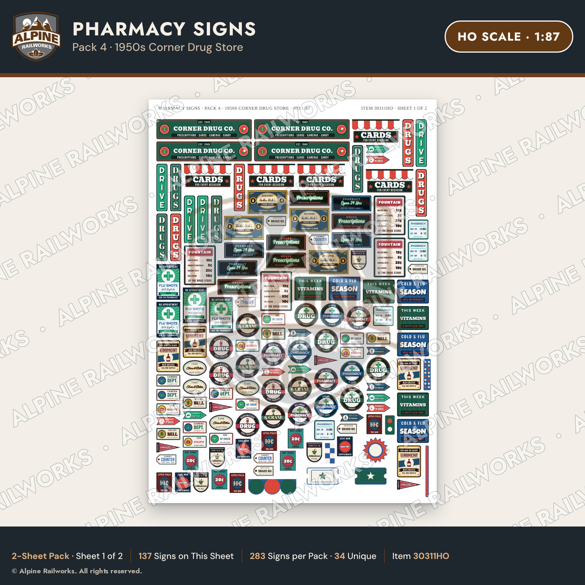 Alpine Railworks 30311HO HO Scale Pharmacy Signs - Corner Drug Store