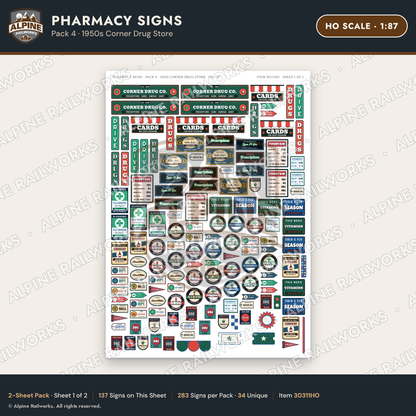 Alpine Railworks 30311HO HO Scale Pharmacy Signs - Corner Drug Store