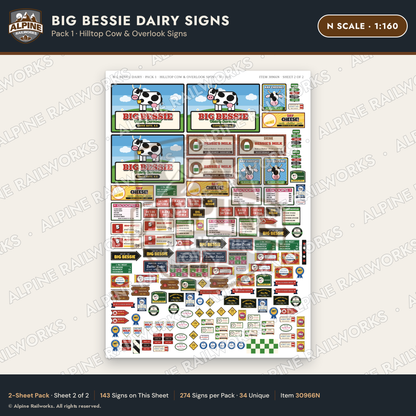 Alpine Railworks 30966N N Scale Roadside Signs - Giant Cow Dairy