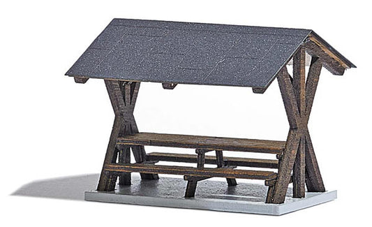 Busch 1563 HO Scale Table & Benches w/Canopy -- Laser-Cut Wood Kit - 1-1/2 x 1-5/16 x 1-3/16" 3.8 x 3.3 x 3cm