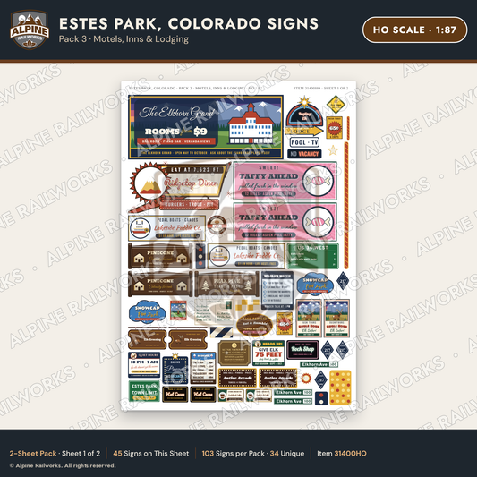 Alpine Railworks 31400HO HO Scale Estes Park CO Signs - Motels & Inns