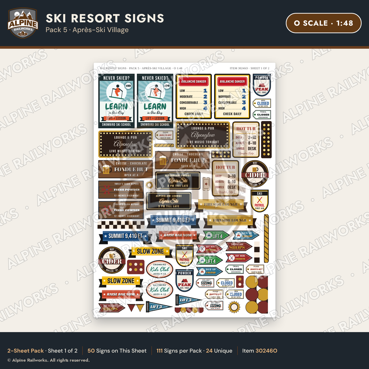 Alpine Railworks 30246O O Scale Ski Resort Signs - Apres-Ski Village