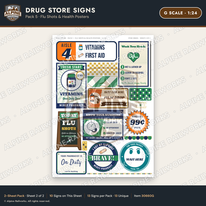 Alpine Railworks 30660G G Scale Drug Store Signs - Flu Shots