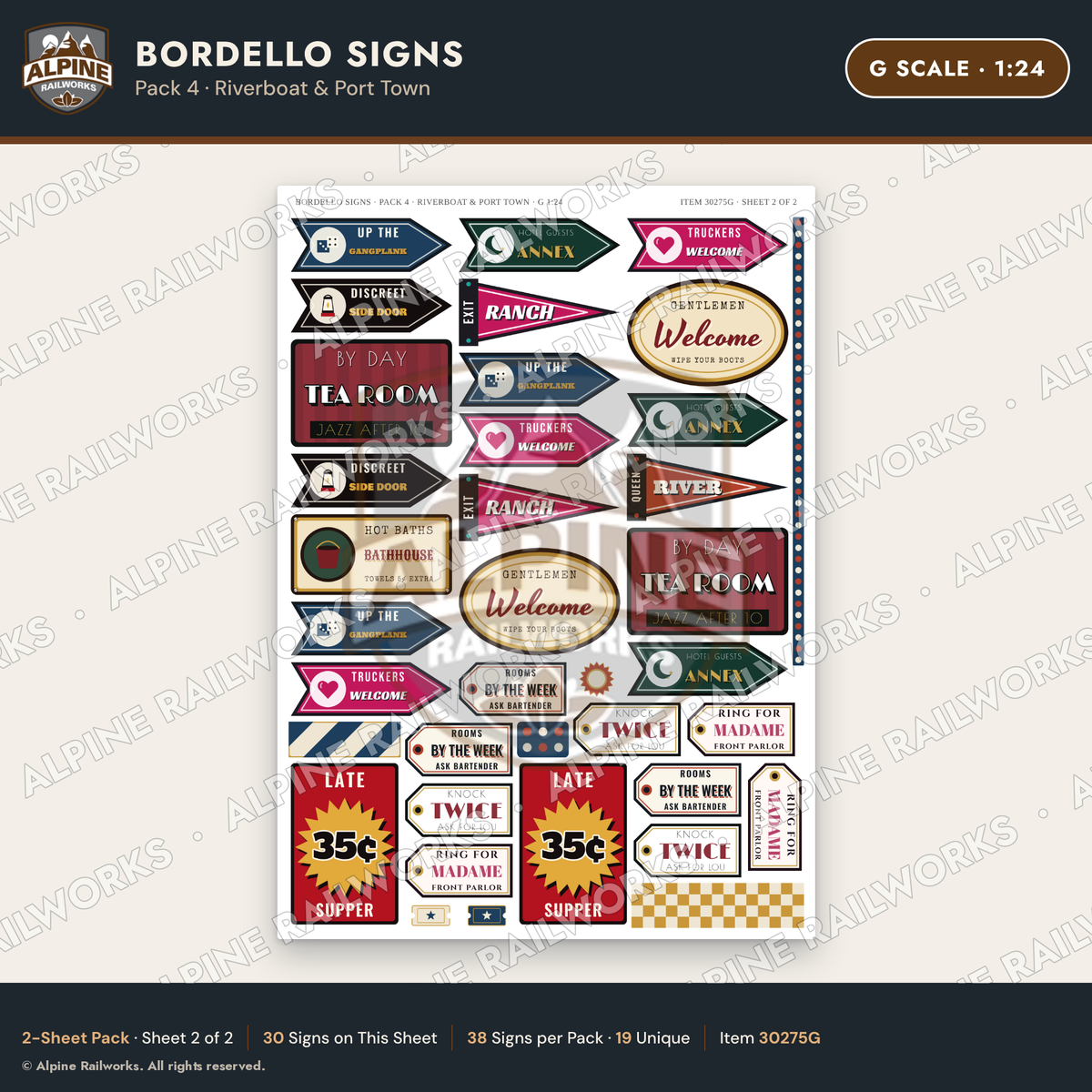 Alpine Railworks 30275G G Scale Bordello Signs - Riverboat & Port Town