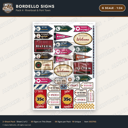 Alpine Railworks 30275G G Scale Bordello Signs - Riverboat & Port Town