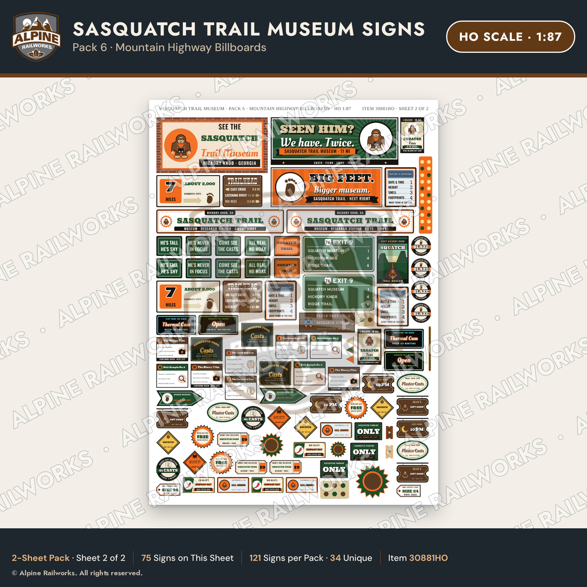 Alpine Railworks 30881HO HO Scale Roadside Signs - Bigfoot Museum
