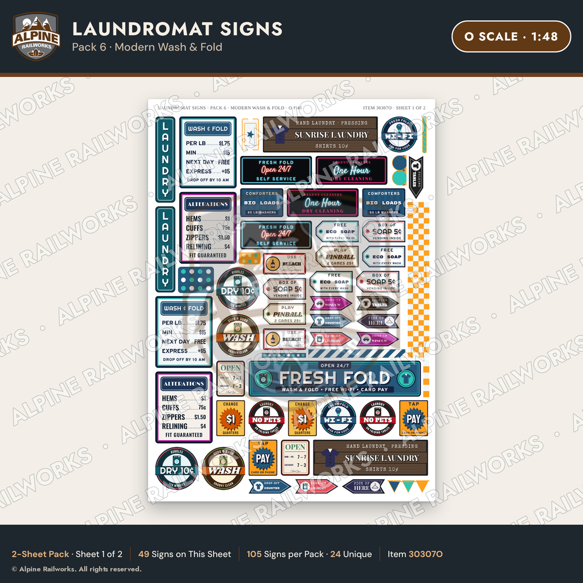 Alpine Railworks 30307O O Scale Laundromat Signs - Modern Wash & Fold