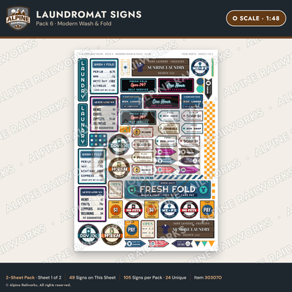 Alpine Railworks 30307O O Scale Laundromat Signs - Modern Wash & Fold