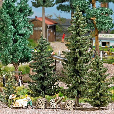 Busch 6395 HO Scale Spruce Tree Forest Set -- 8 Trees, Wood Pile & Timbers